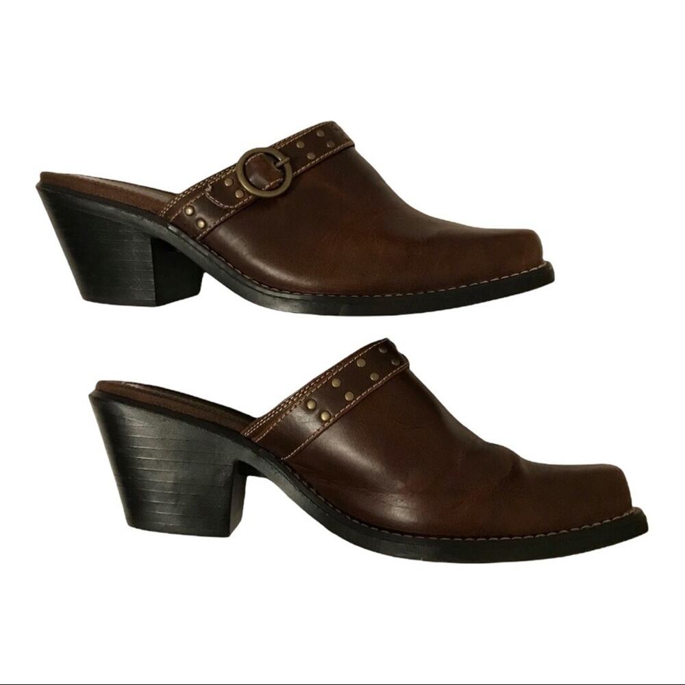Natural Reflections Brown Clog Studded Buckle Slip On Mules